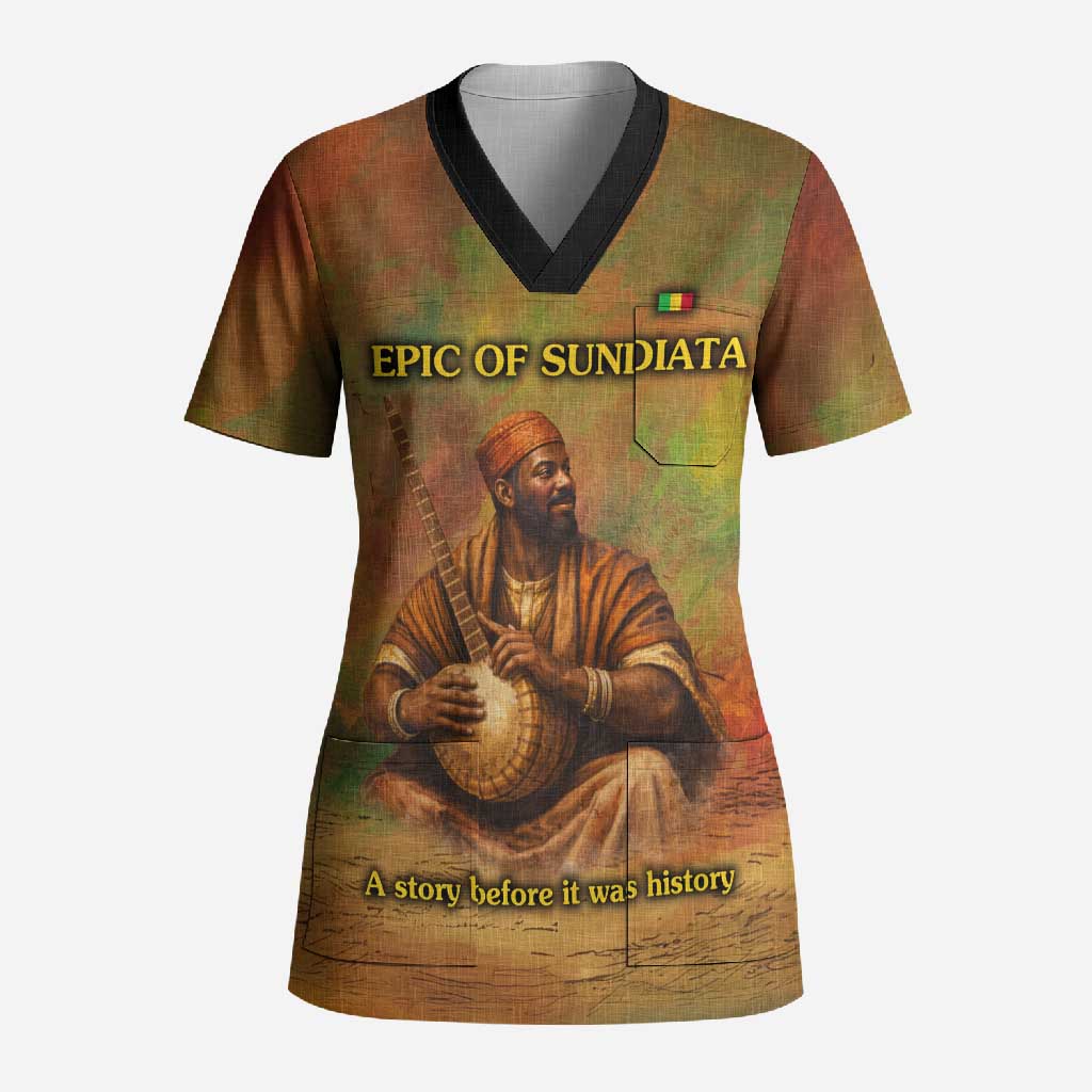 Sundiata Keita Scrub Top Griot Storytelling Scene, Epic of Sundiata Text and Heritage-Inspired Earth Tone - Wonder Print Shop