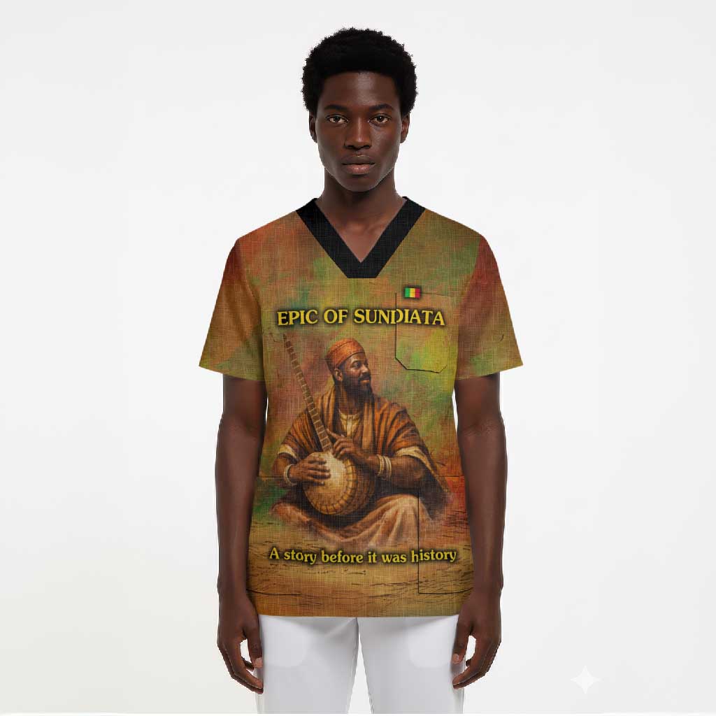 Sundiata Keita Scrub Top Griot Storytelling Scene, Epic of Sundiata Text and Heritage-Inspired Earth Tone - Wonder Print Shop