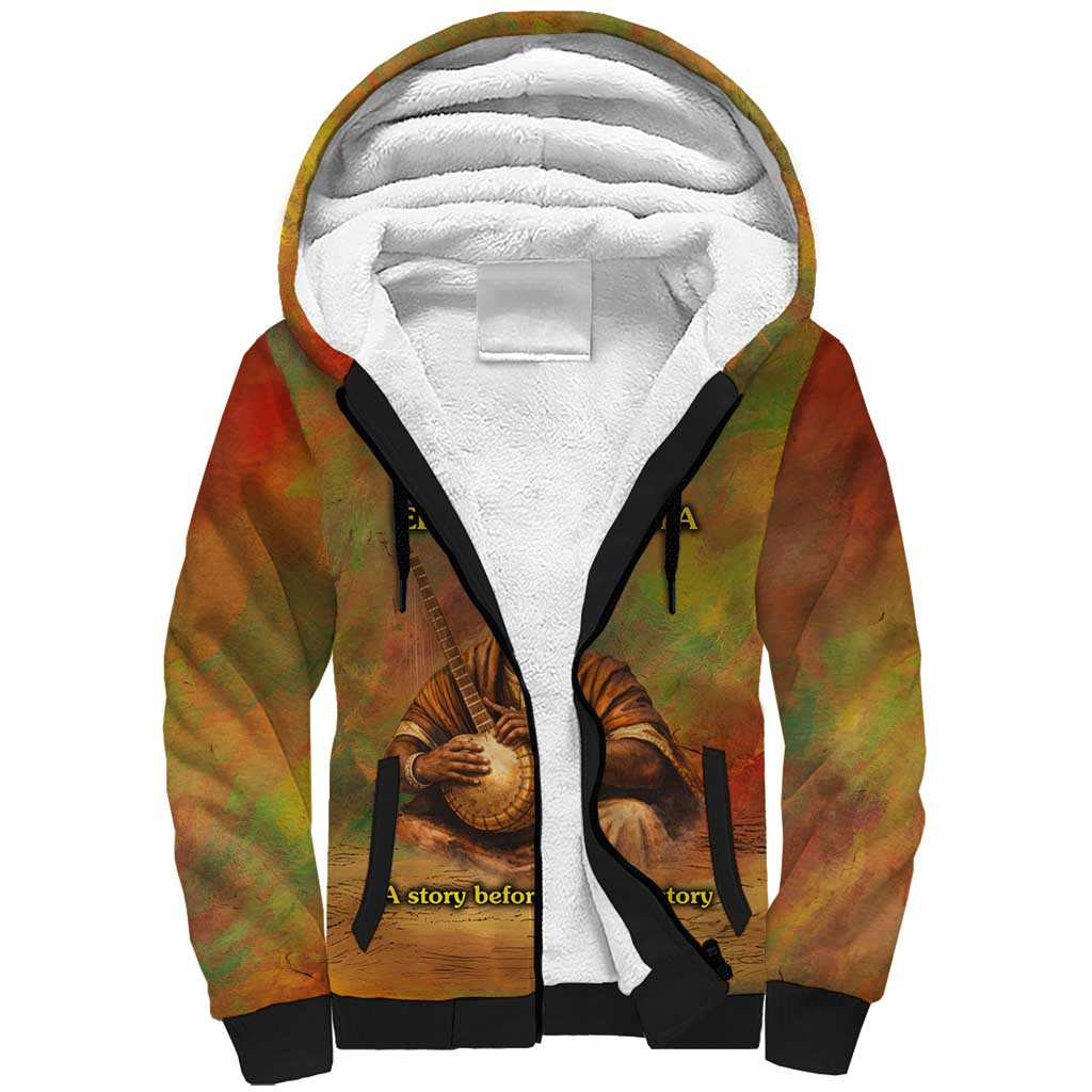 Sundiata Keita Sherpa Hoodie Griot Storytelling Scene, Epic of Sundiata Text and Heritage-Inspired Earth Tone - Wonder Print Shop