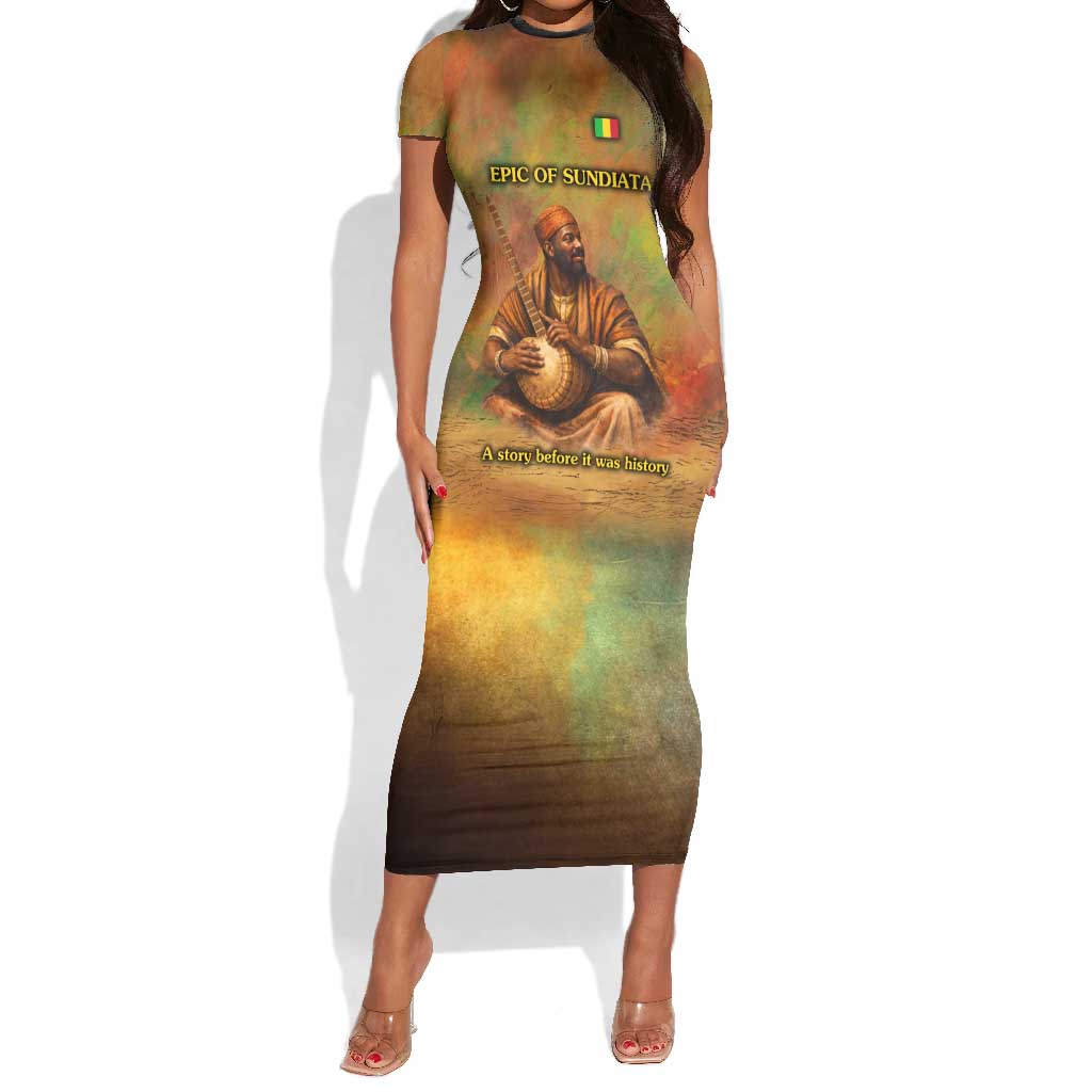 Sundiata Keita Short Sleeve Bodycon Dress Griot Storytelling Scene, Epic of Sundiata Text and Heritage-Inspired Earth Tone - Wonder Print Shop