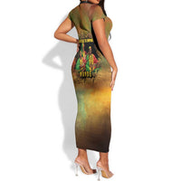 Sundiata Keita Short Sleeve Bodycon Dress Griot Storytelling Scene, Epic of Sundiata Text and Heritage-Inspired Earth Tone - Wonder Print Shop