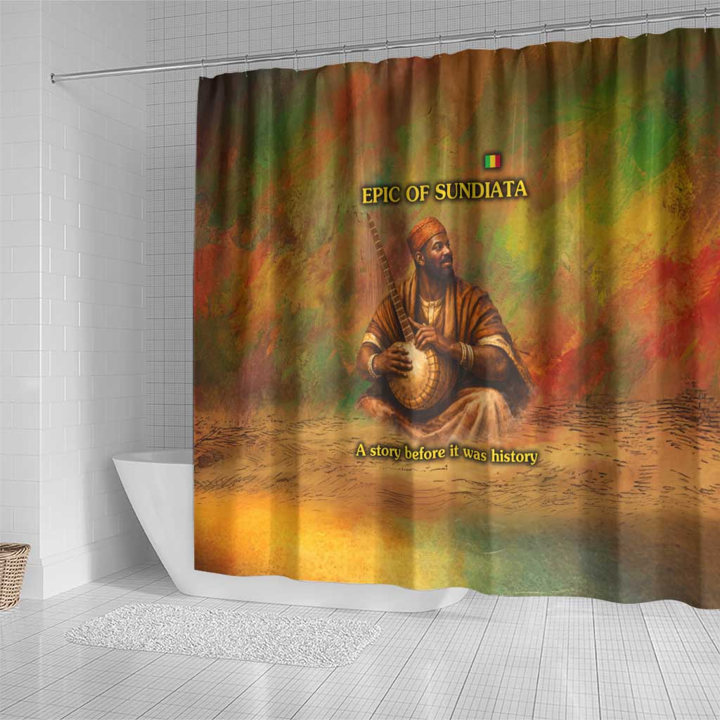 Sundiata Keita Shower Curtain Griot Storytelling Scene, Epic of Sundiata Text and Heritage-Inspired Earth Tone - Wonder Print Shop