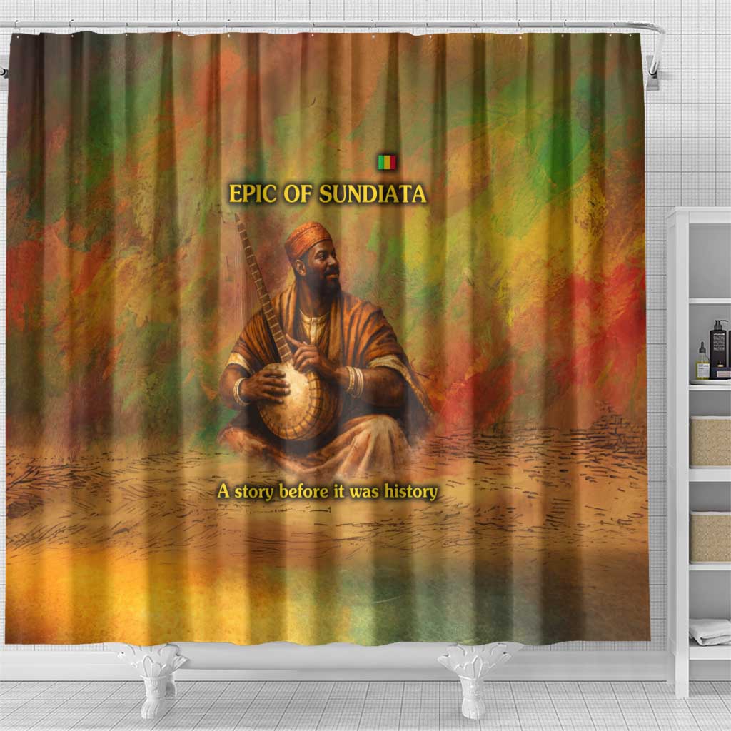 Sundiata Keita Shower Curtain Griot Storytelling Scene, Epic of Sundiata Text and Heritage-Inspired Earth Tone - Wonder Print Shop