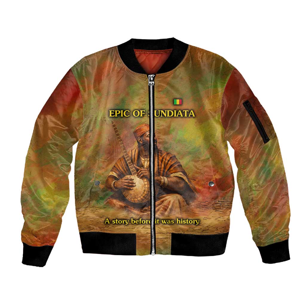 Sundiata Keita Sleeve Zip Bomber Jacket Griot Storytelling Scene, Epic of Sundiata Text and Heritage-Inspired Earth Tone - Wonder Print Shop