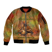 Sundiata Keita Sleeve Zip Bomber Jacket Griot Storytelling Scene, Epic of Sundiata Text and Heritage-Inspired Earth Tone - Wonder Print Shop