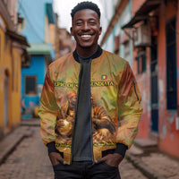 Sundiata Keita Sleeve Zip Bomber Jacket Griot Storytelling Scene, Epic of Sundiata Text and Heritage-Inspired Earth Tone - Wonder Print Shop