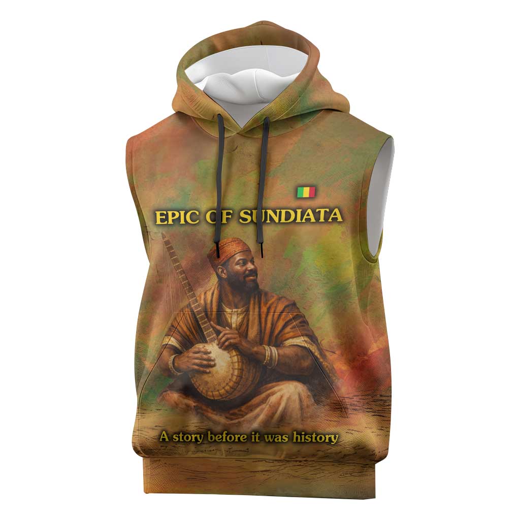 Sundiata Keita Sleeveless Hoodie Griot Storytelling Scene, Epic of Sundiata Text and Heritage-Inspired Earth Tone - Wonder Print Shop
