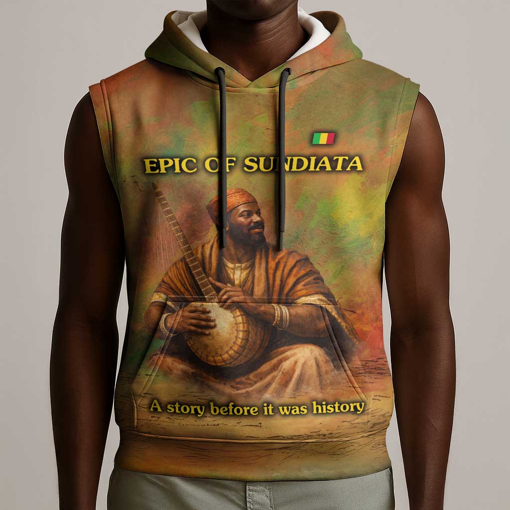 Sundiata Keita Sleeveless Hoodie Griot Storytelling Scene, Epic of Sundiata Text and Heritage-Inspired Earth Tone - Wonder Print Shop