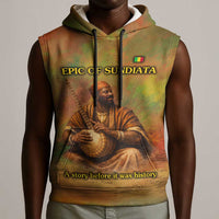 Sundiata Keita Sleeveless Hoodie Griot Storytelling Scene, Epic of Sundiata Text and Heritage-Inspired Earth Tone - Wonder Print Shop