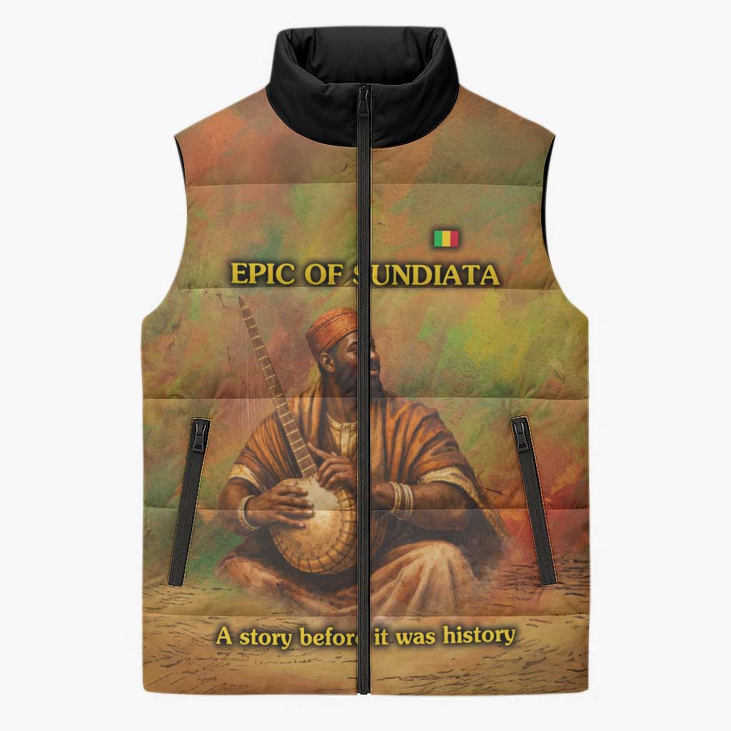 Sundiata Keita Sleeveless Puffer Jacket Griot Storytelling Scene, Epic of Sundiata Text and Heritage-Inspired Earth Tone - Wonder Print Shop