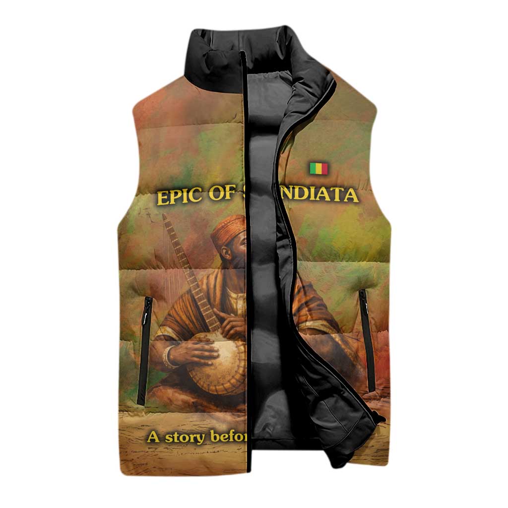Sundiata Keita Sleeveless Puffer Jacket Griot Storytelling Scene, Epic of Sundiata Text and Heritage-Inspired Earth Tone - Wonder Print Shop