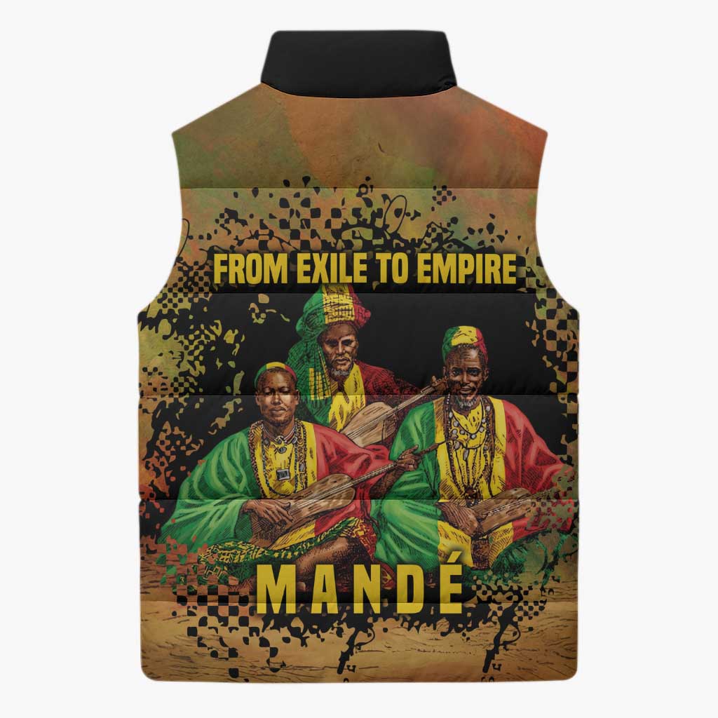 Sundiata Keita Sleeveless Puffer Jacket Griot Storytelling Scene, Epic of Sundiata Text and Heritage-Inspired Earth Tone - Wonder Print Shop