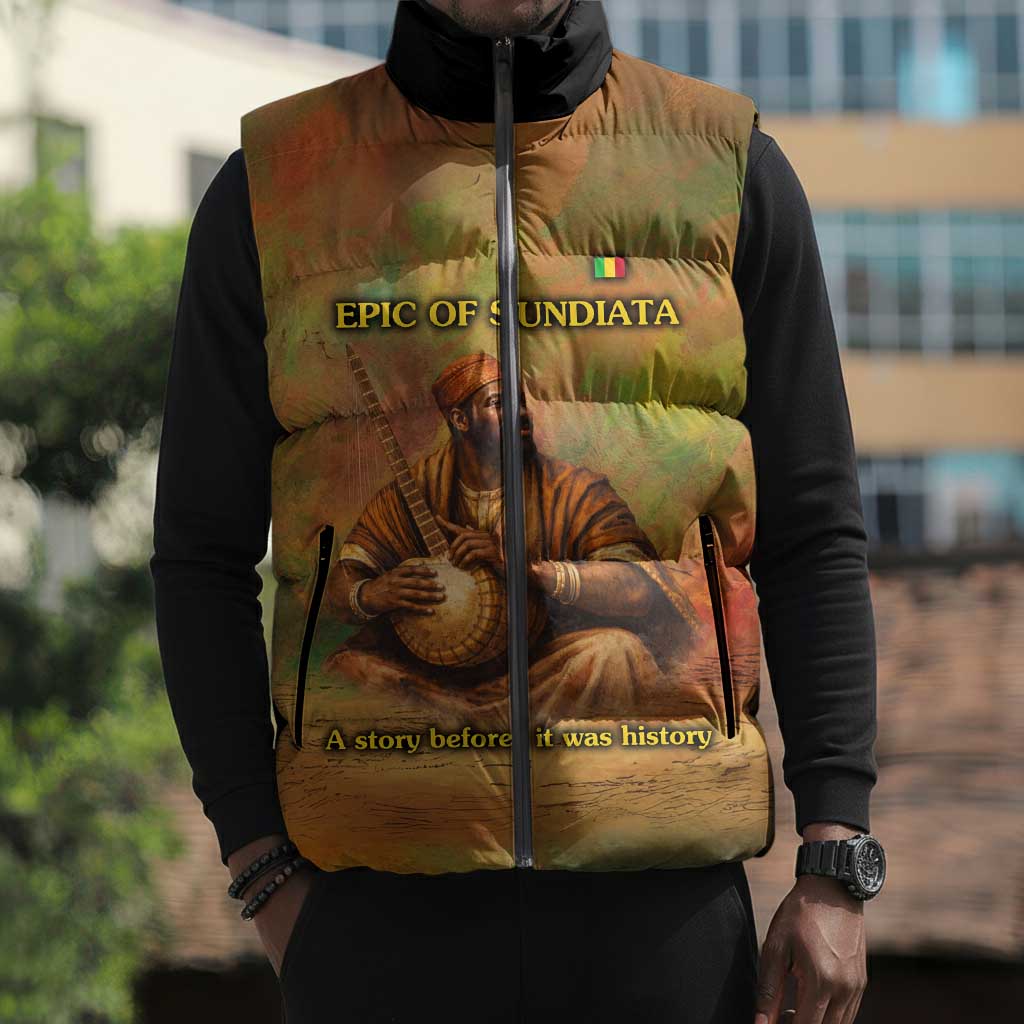 Sundiata Keita Sleeveless Puffer Jacket Griot Storytelling Scene, Epic of Sundiata Text and Heritage-Inspired Earth Tone - Wonder Print Shop