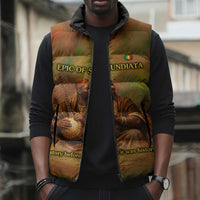 Sundiata Keita Sleeveless Puffer Jacket Griot Storytelling Scene, Epic of Sundiata Text and Heritage-Inspired Earth Tone - Wonder Print Shop