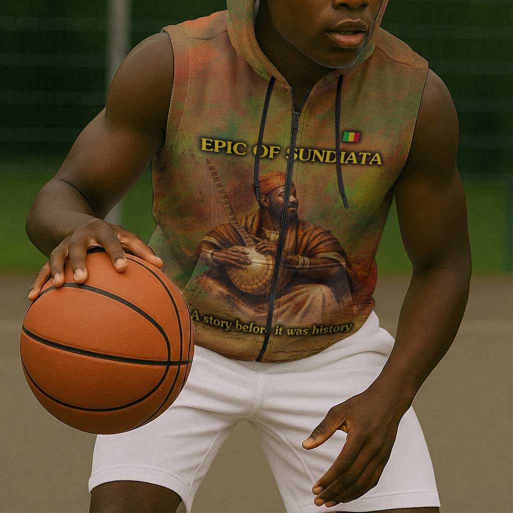 Sundiata Keita Sleeveless Zip Hoodie Griot Storytelling Scene, Epic of Sundiata Text and Heritage-Inspired Earth Tone - Wonder Print Shop