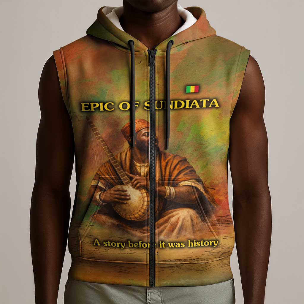 Sundiata Keita Sleeveless Zip Hoodie Griot Storytelling Scene, Epic of Sundiata Text and Heritage-Inspired Earth Tone - Wonder Print Shop