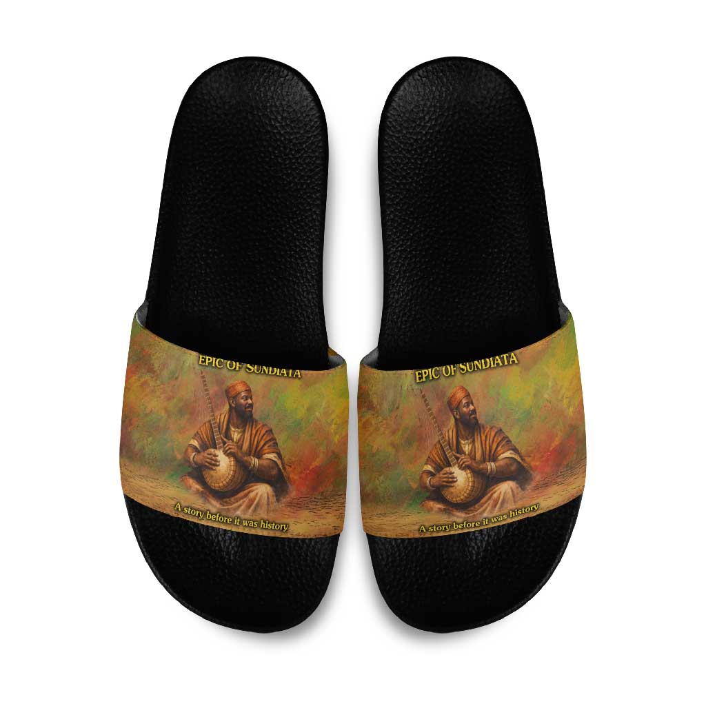 Sundiata Keita Slide Sandals Griot Storytelling Scene, Epic of Sundiata Text and Heritage-Inspired Earth Tone - Wonder Print Shop