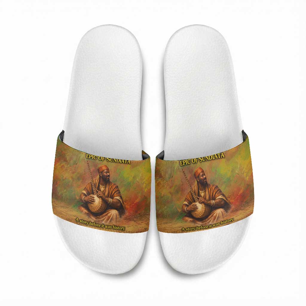 Sundiata Keita Slide Sandals Griot Storytelling Scene, Epic of Sundiata Text and Heritage-Inspired Earth Tone - Wonder Print Shop
