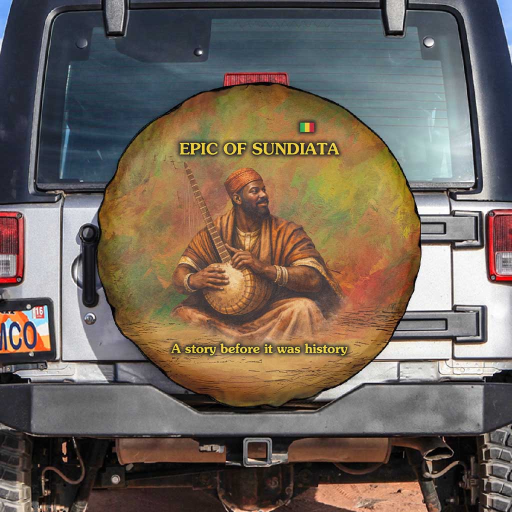 Sundiata Keita Spare Tire Cover Griot Storytelling Scene, Epic of Sundiata Text and Heritage-Inspired Earth Tone - Wonder Print Shop