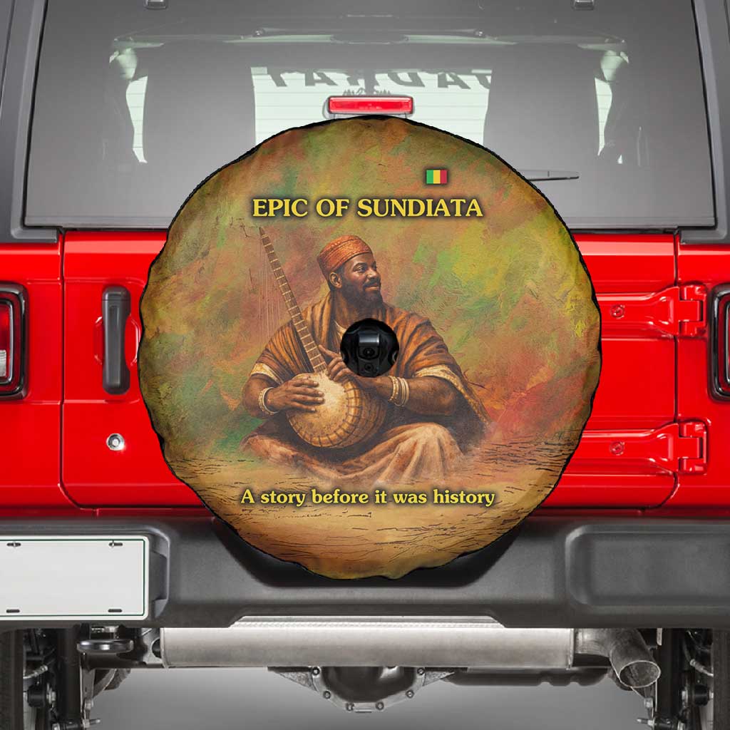 Sundiata Keita Spare Tire Cover Griot Storytelling Scene, Epic of Sundiata Text and Heritage-Inspired Earth Tone - Wonder Print Shop