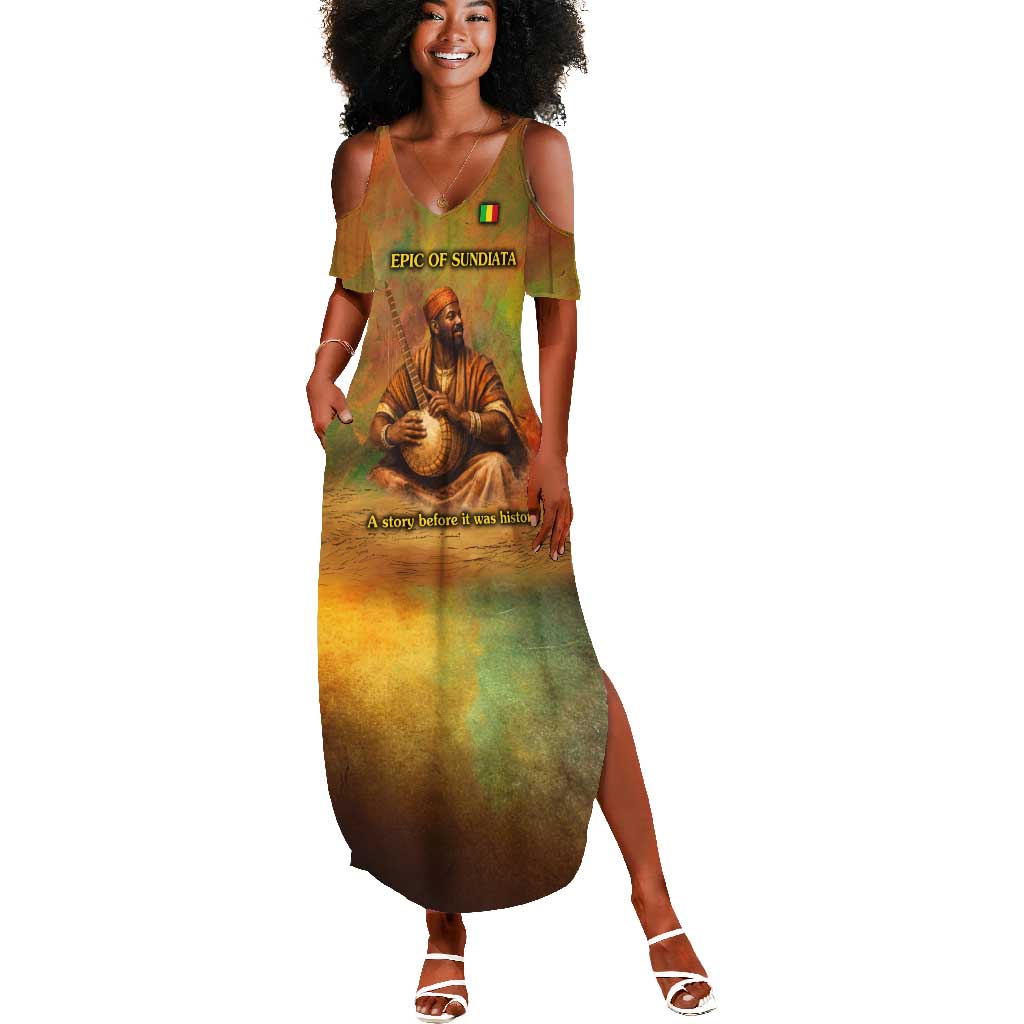 Sundiata Keita Summer Maxi Dress Griot Storytelling Scene, Epic of Sundiata Text and Heritage-Inspired Earth Tone - Wonder Print Shop