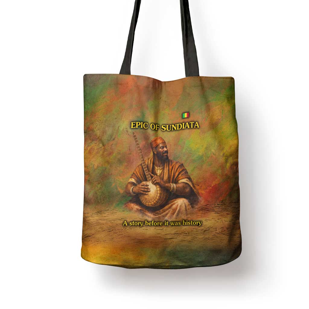 Sundiata Keita Tote Bag Griot Storytelling Scene, Epic of Sundiata Text and Heritage-Inspired Earth Tone - Wonder Print Shop