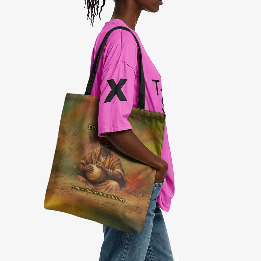 Sundiata Keita Tote Bag Griot Storytelling Scene, Epic of Sundiata Text and Heritage-Inspired Earth Tone - Wonder Print Shop