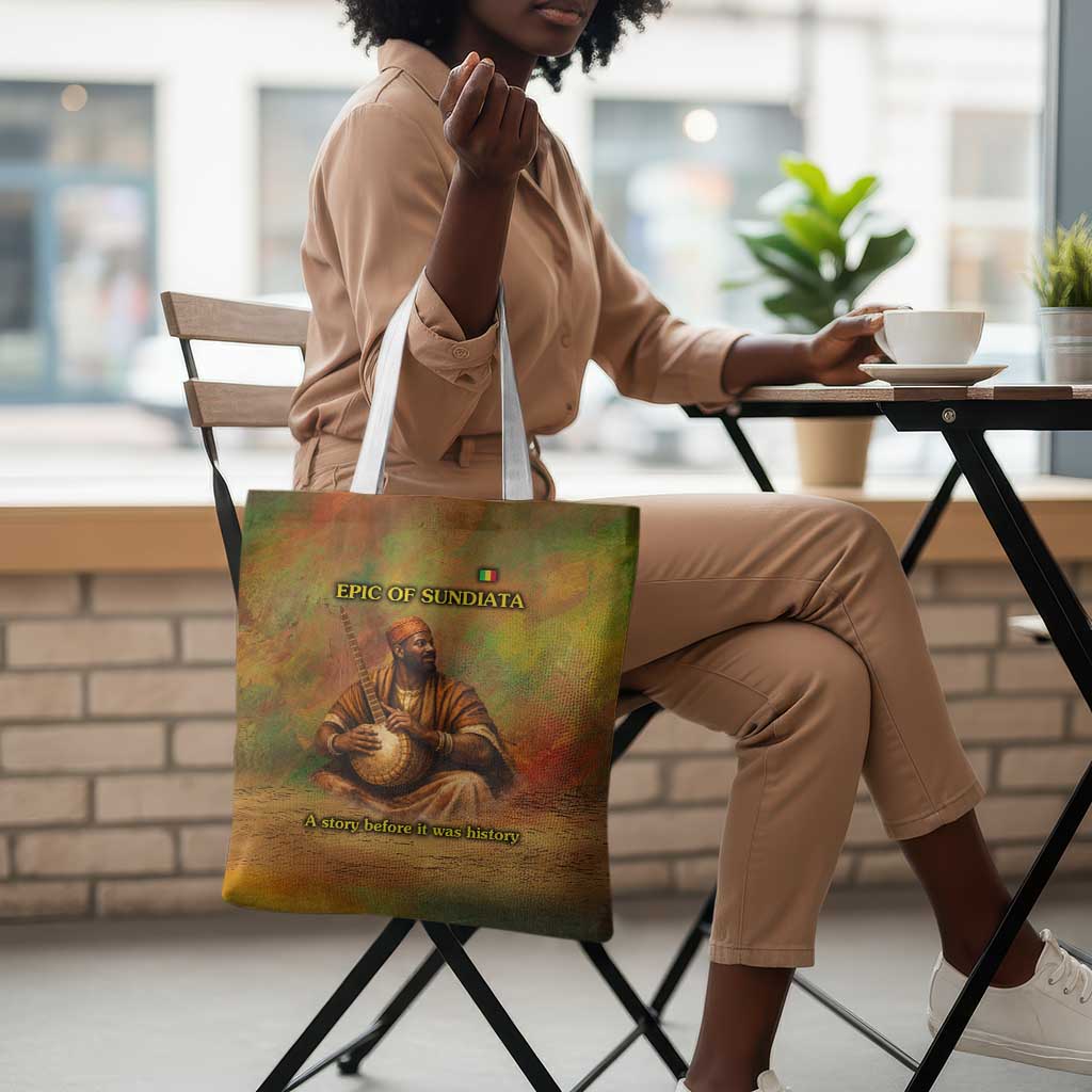 Sundiata Keita Tote Bag Griot Storytelling Scene, Epic of Sundiata Text and Heritage-Inspired Earth Tone - Wonder Print Shop