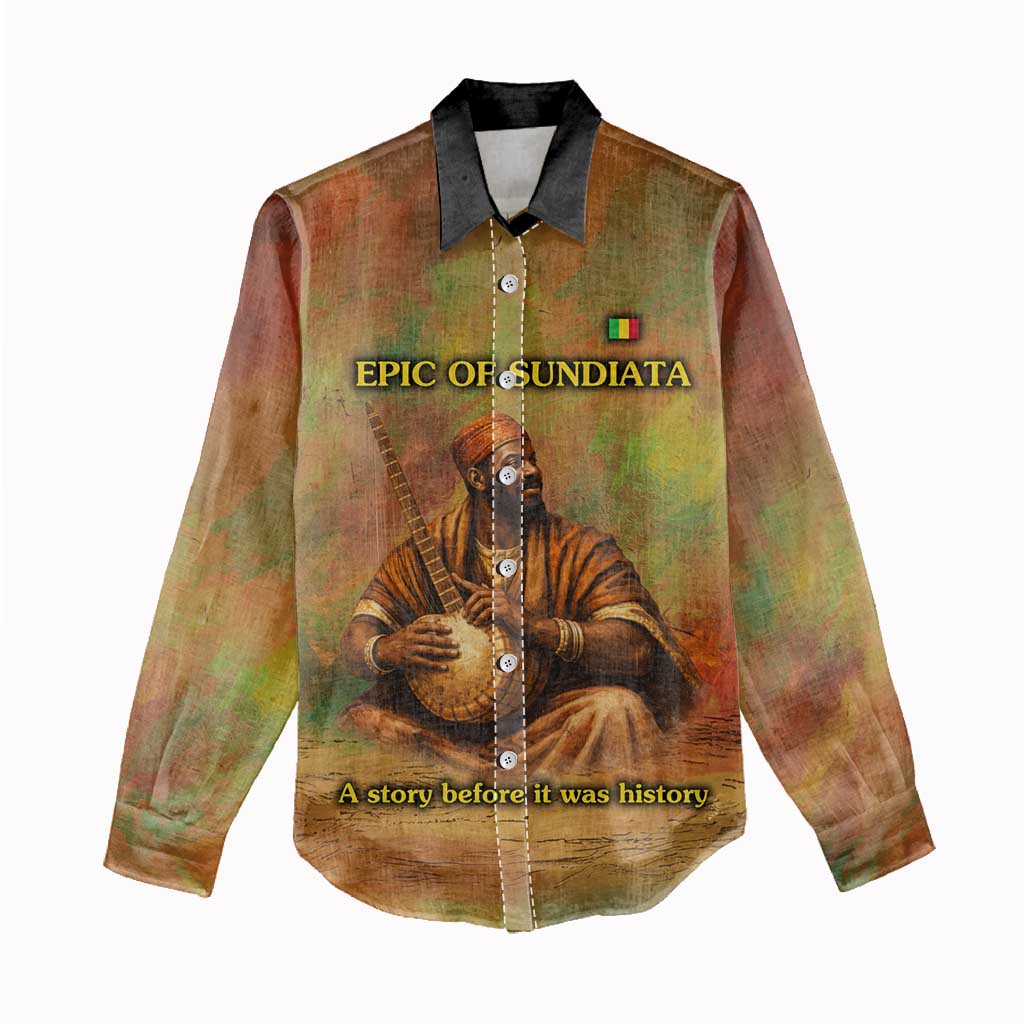 Sundiata Keita Women Casual Shirt Griot Storytelling Scene, Epic of Sundiata Text and Heritage-Inspired Earth Tone - Wonder Print Shop