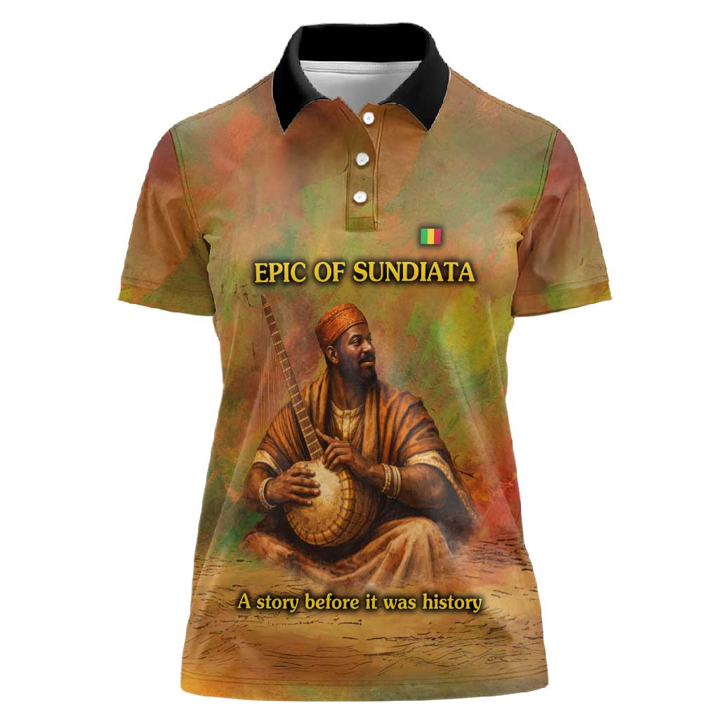 Sundiata Keita Women Polo Shirt Griot Storytelling Scene, Epic of Sundiata Text and Heritage-Inspired Earth Tone - Wonder Print Shop