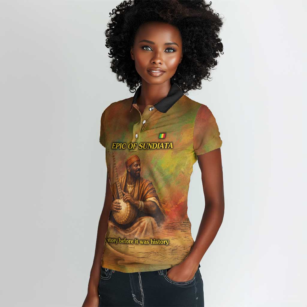 Sundiata Keita Women Polo Shirt Griot Storytelling Scene, Epic of Sundiata Text and Heritage-Inspired Earth Tone - Wonder Print Shop
