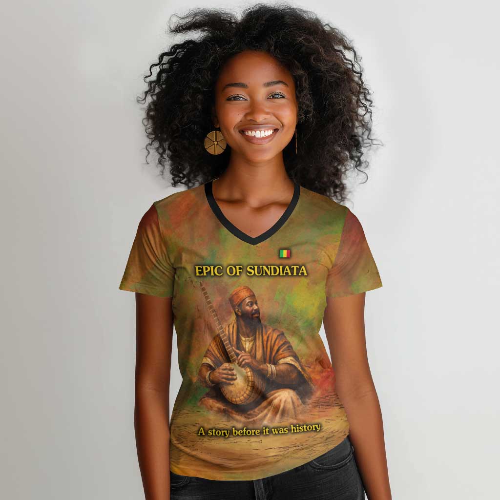 Sundiata Keita Women V-Neck T-Shirt Griot Storytelling Scene, Epic of Sundiata Text and Heritage-Inspired Earth Tone - Wonder Print Shop