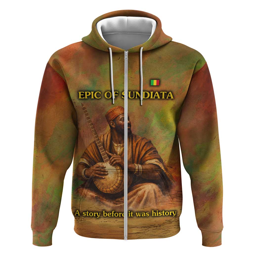 Sundiata Keita Zip Hoodie Griot Storytelling Scene, Epic of Sundiata Text and Heritage-Inspired Earth Tone - Wonder Print Shop