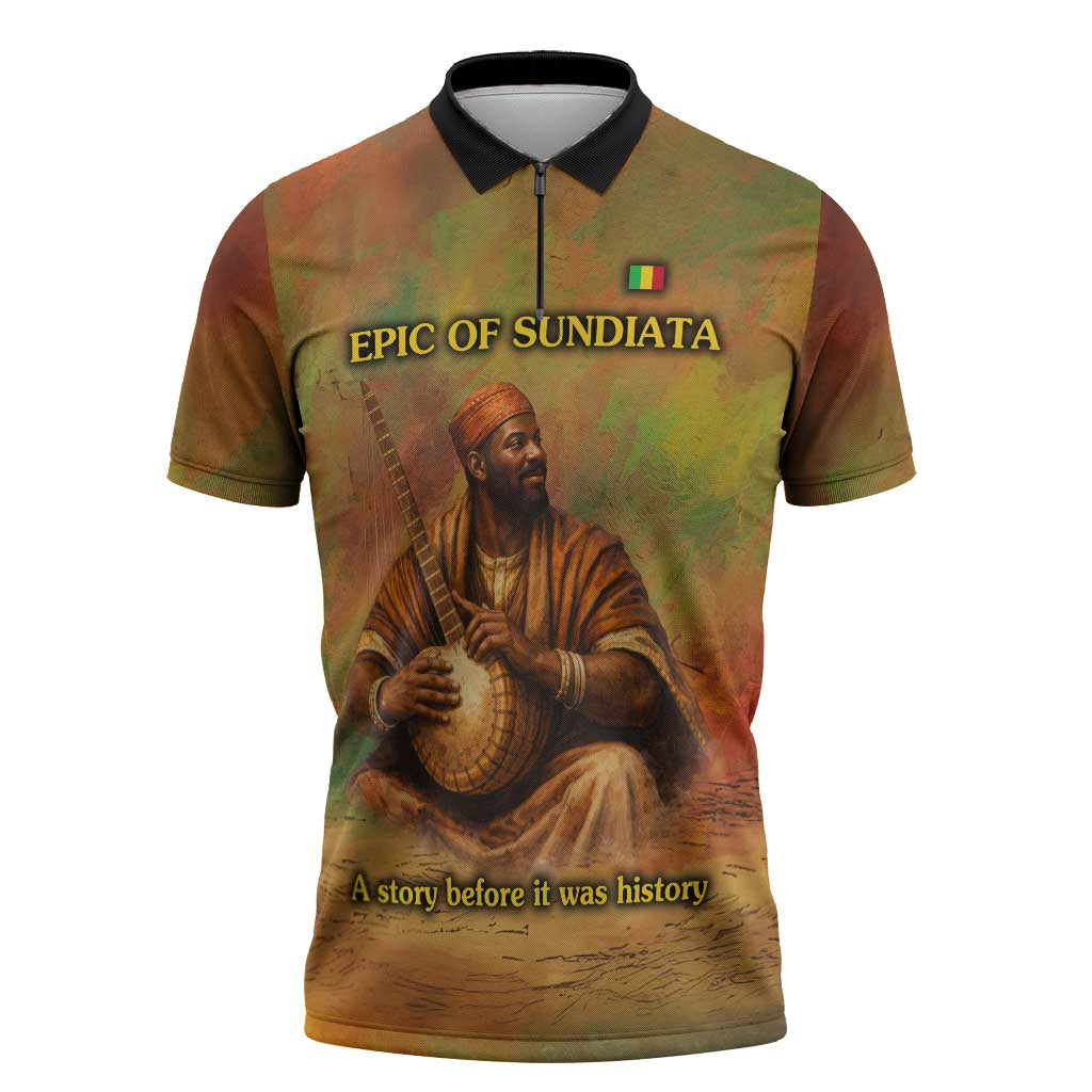 Sundiata Keita Zipper Polo Shirt Griot Storytelling Scene, Epic of Sundiata Text and Heritage-Inspired Earth Tone - Wonder Print Shop