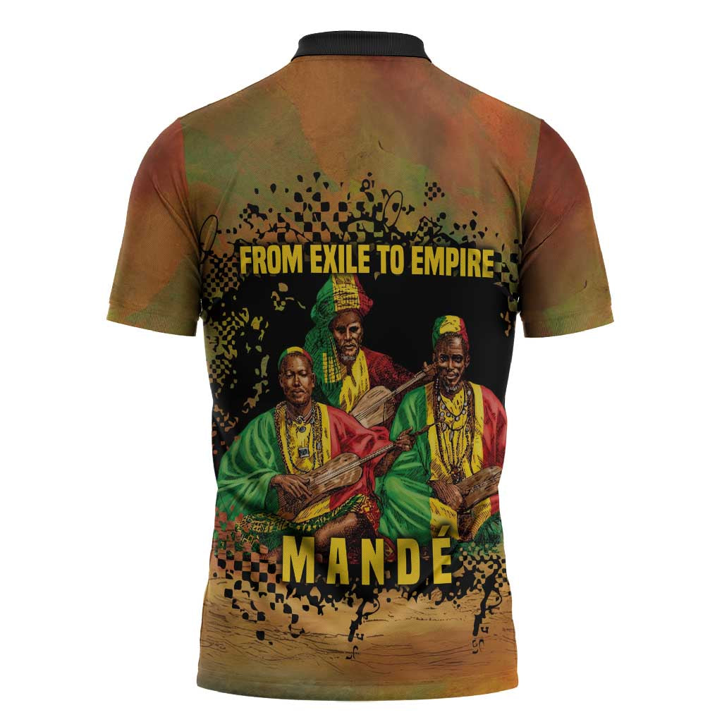 Sundiata Keita Zipper Polo Shirt Griot Storytelling Scene, Epic of Sundiata Text and Heritage-Inspired Earth Tone - Wonder Print Shop