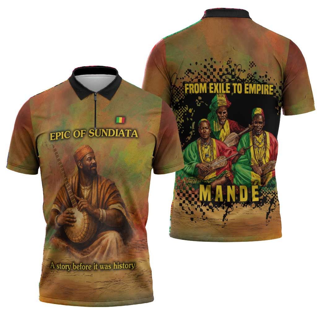 Sundiata Keita Zipper Polo Shirt Griot Storytelling Scene, Epic of Sundiata Text and Heritage-Inspired Earth Tone - Wonder Print Shop