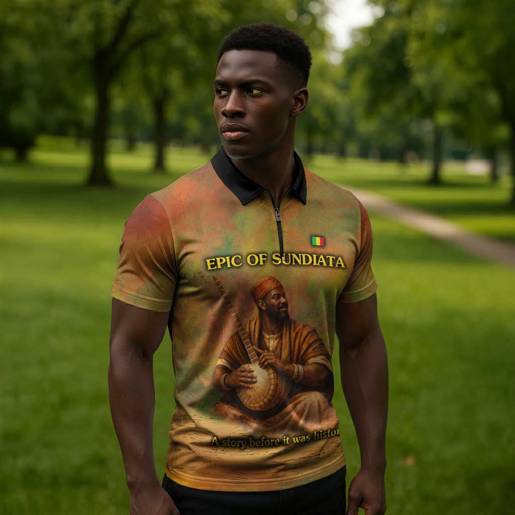 Sundiata Keita Zipper Polo Shirt Griot Storytelling Scene, Epic of Sundiata Text and Heritage-Inspired Earth Tone - Wonder Print Shop