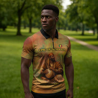 Sundiata Keita Zipper Polo Shirt Griot Storytelling Scene, Epic of Sundiata Text and Heritage-Inspired Earth Tone - Wonder Print Shop