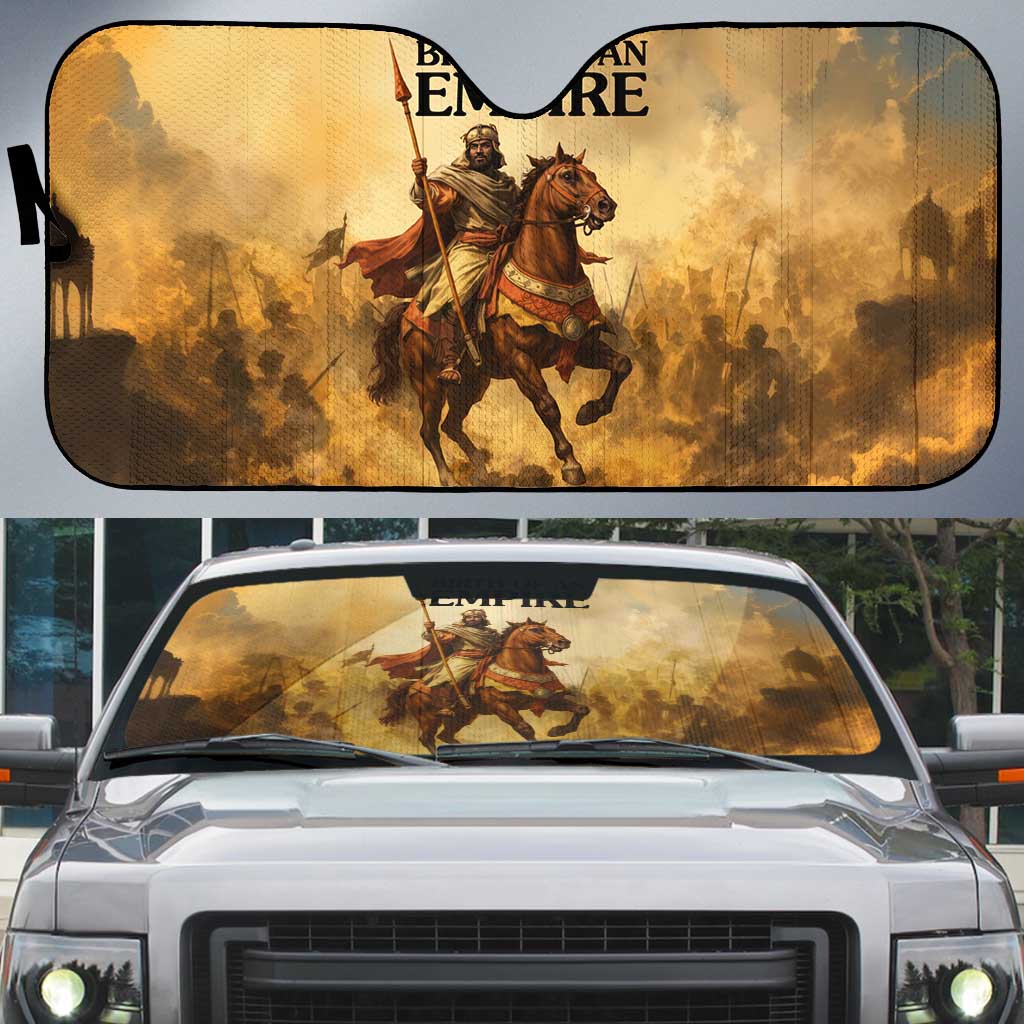 Sundiata Keita Auto Sun Shade with Kirina 1235 Battle Map, Horseback Warrior and Birth of an Empire Design - Wonder Print Shop