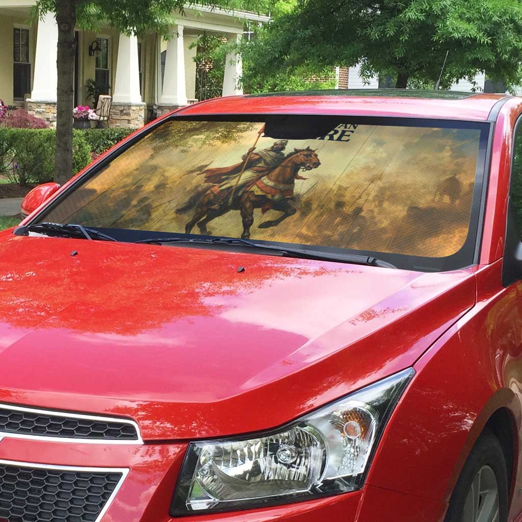 Sundiata Keita Auto Sun Shade with Kirina 1235 Battle Map, Horseback Warrior and Birth of an Empire Design - Wonder Print Shop