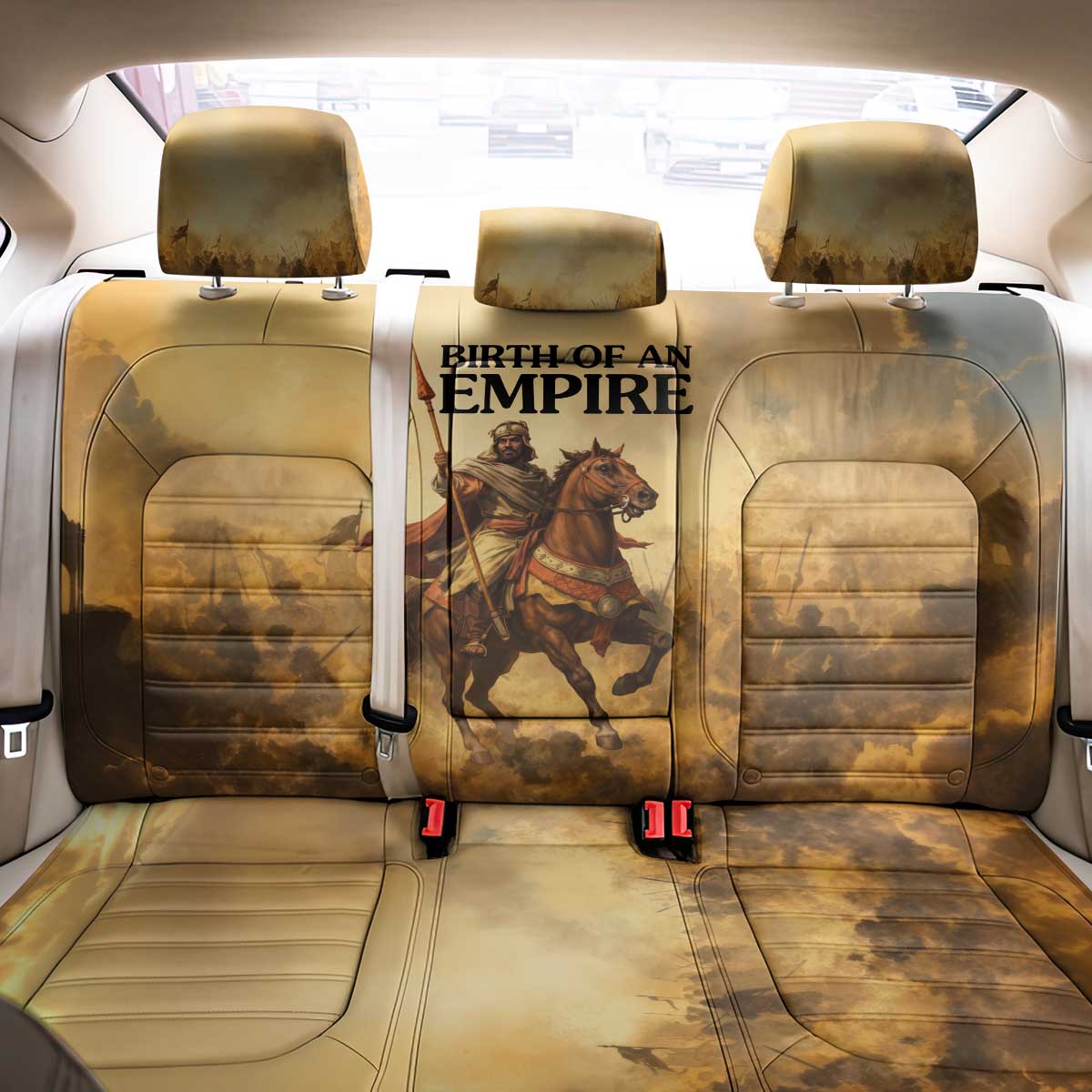 Sundiata Keita Back Car Seat Cover with Kirina 1235 Battle Map, Horseback Warrior and Birth of an Empire Design - Wonder Print Shop
