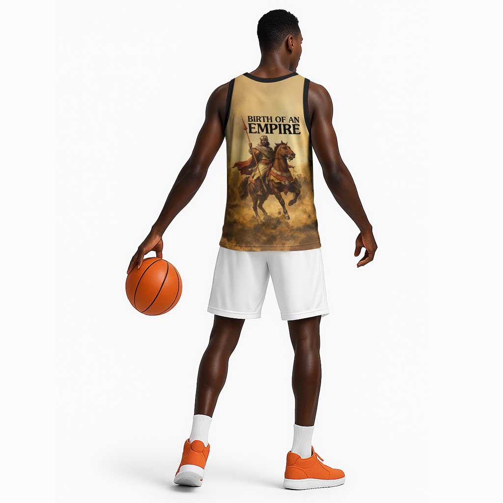 Sundiata Keita Basketball Jersey with Kirina 1235 Battle Map, Horseback Warrior and Birth of an Empire Design - Wonder Print Shop