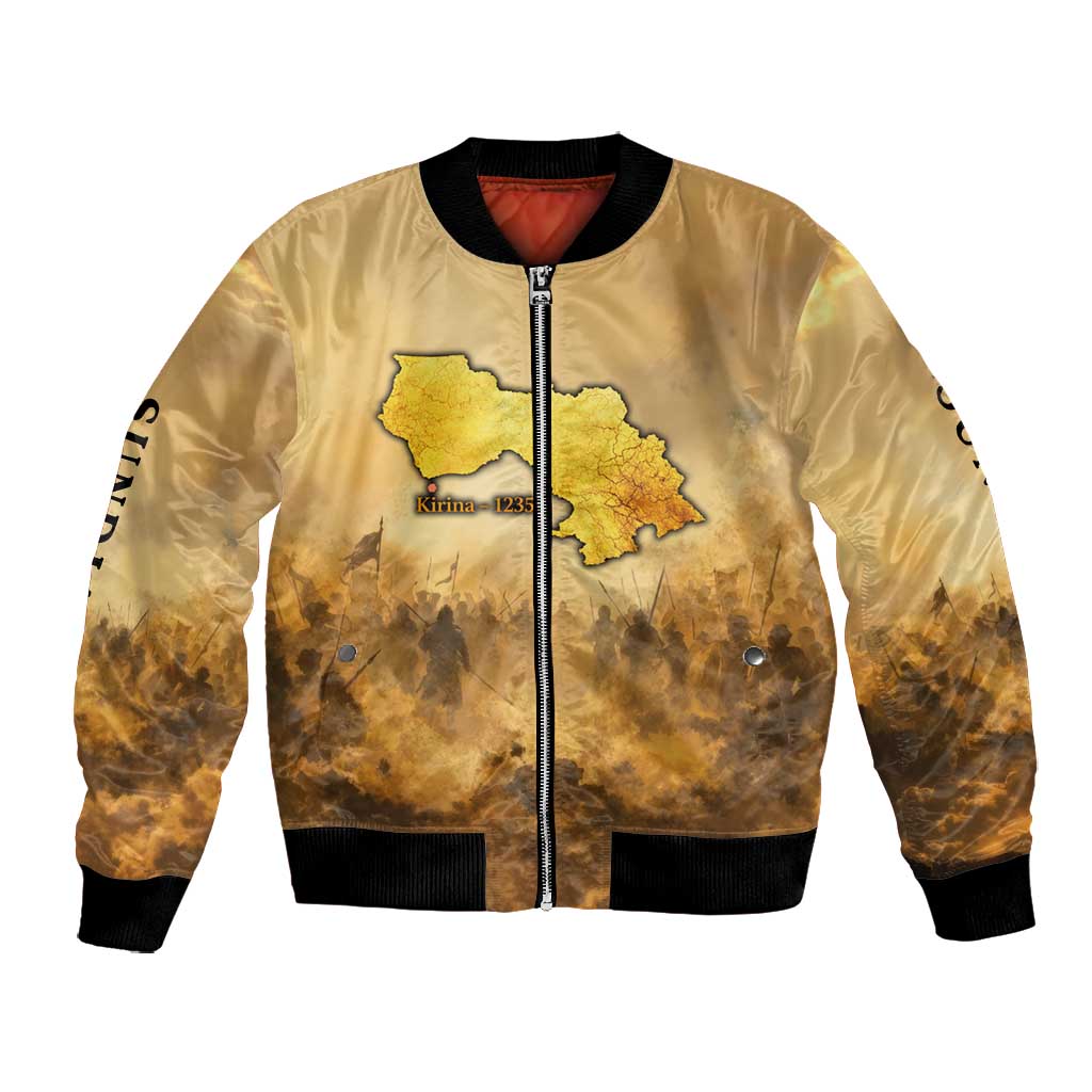 Sundiata Keita Bomber Jacket with Kirina 1235 Battle Map, Horseback Warrior and Birth of an Empire Design - Wonder Print Shop