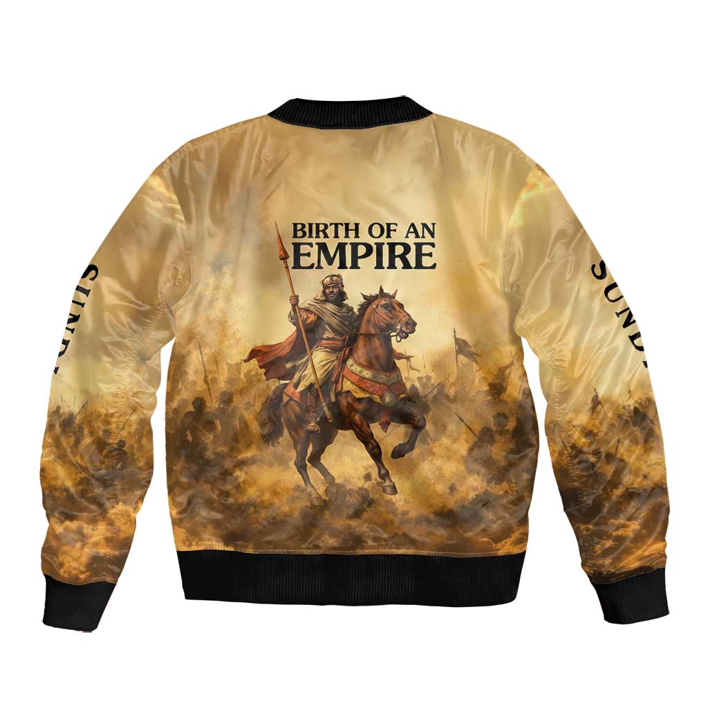 Sundiata Keita Bomber Jacket with Kirina 1235 Battle Map, Horseback Warrior and Birth of an Empire Design - Wonder Print Shop