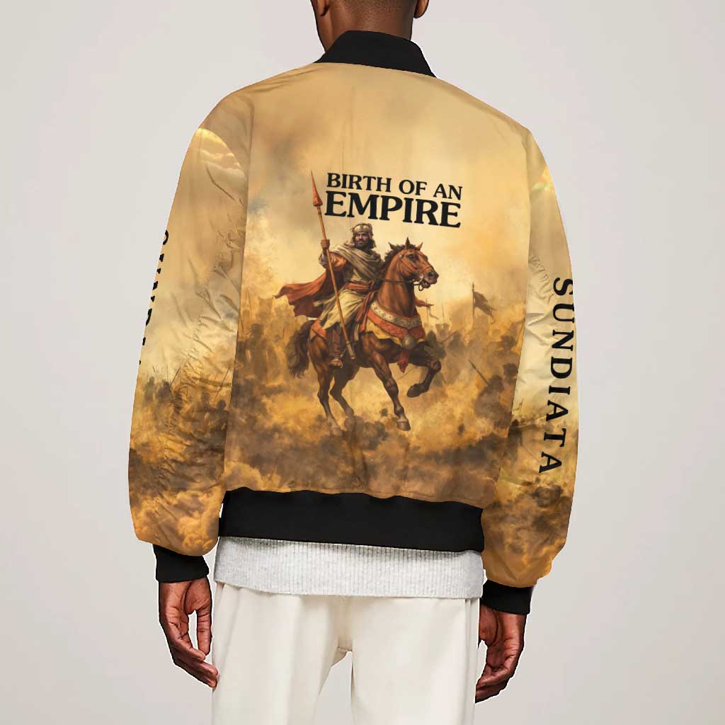 Sundiata Keita Bomber Jacket with Kirina 1235 Battle Map, Horseback Warrior and Birth of an Empire Design - Wonder Print Shop