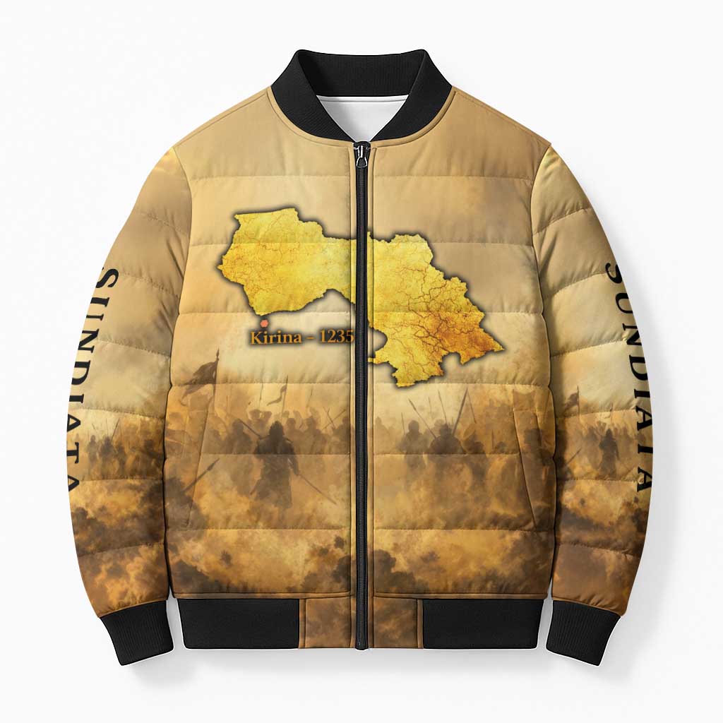 Sundiata Keita Bomber Puffer Jacket with Kirina 1235 Battle Map, Horseback Warrior and Birth of an Empire Design - Wonder Print Shop