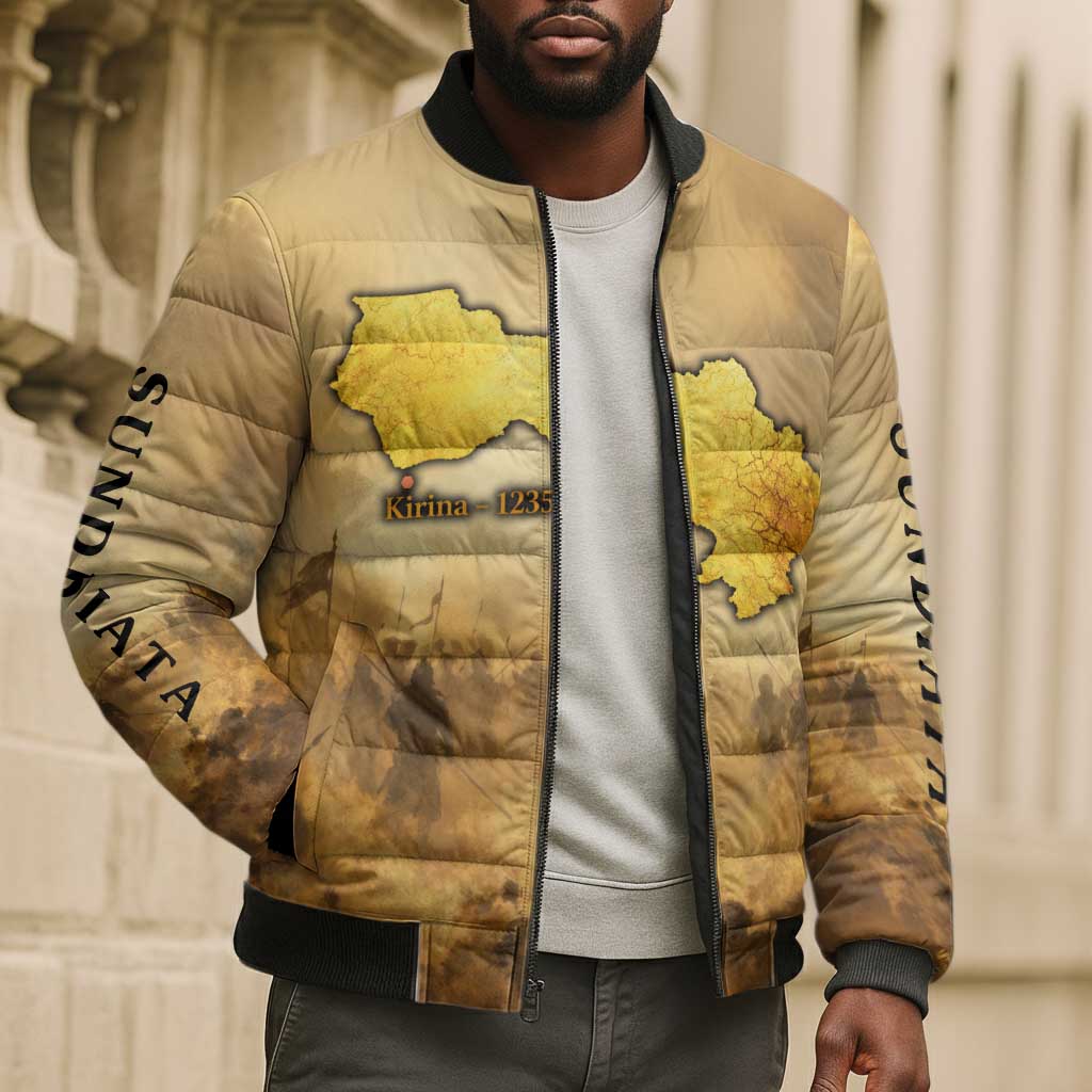 Sundiata Keita Bomber Puffer Jacket with Kirina 1235 Battle Map, Horseback Warrior and Birth of an Empire Design - Wonder Print Shop