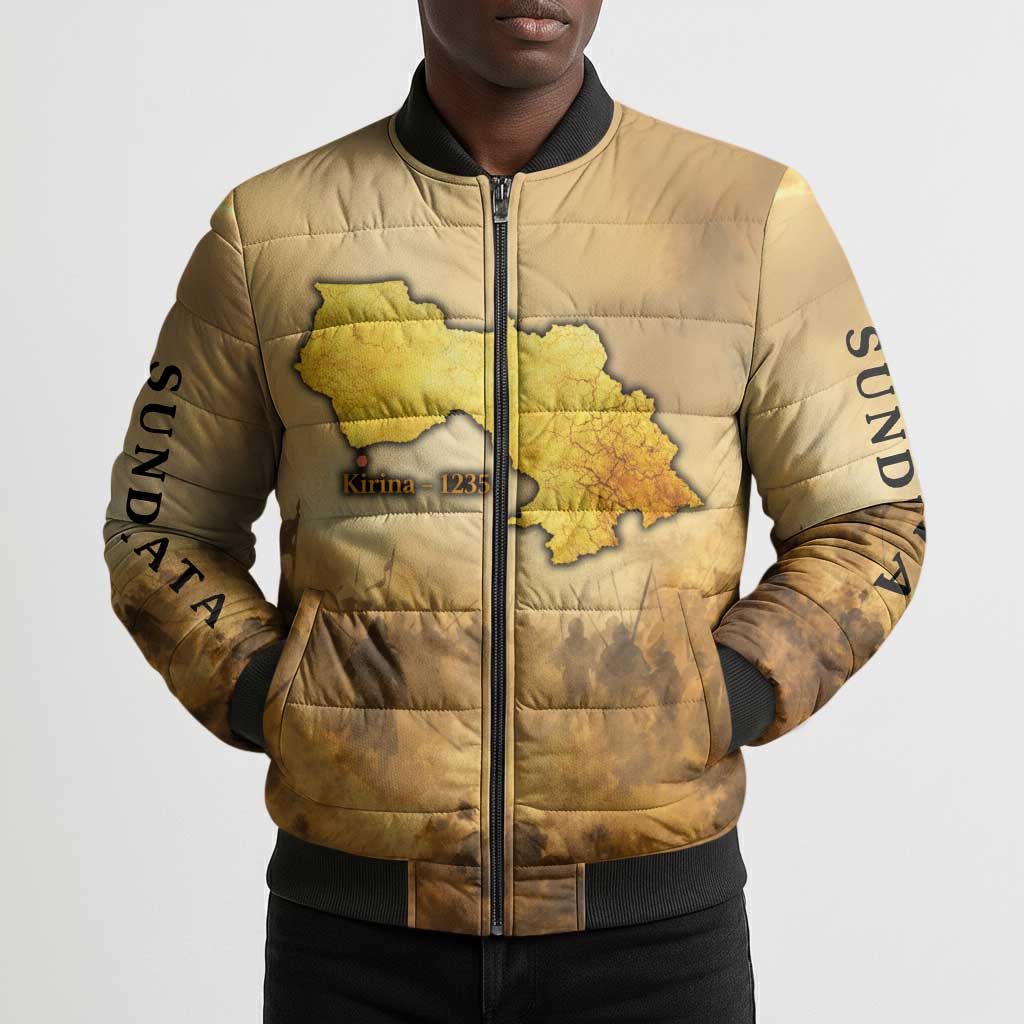 Sundiata Keita Bomber Puffer Jacket with Kirina 1235 Battle Map, Horseback Warrior and Birth of an Empire Design - Wonder Print Shop