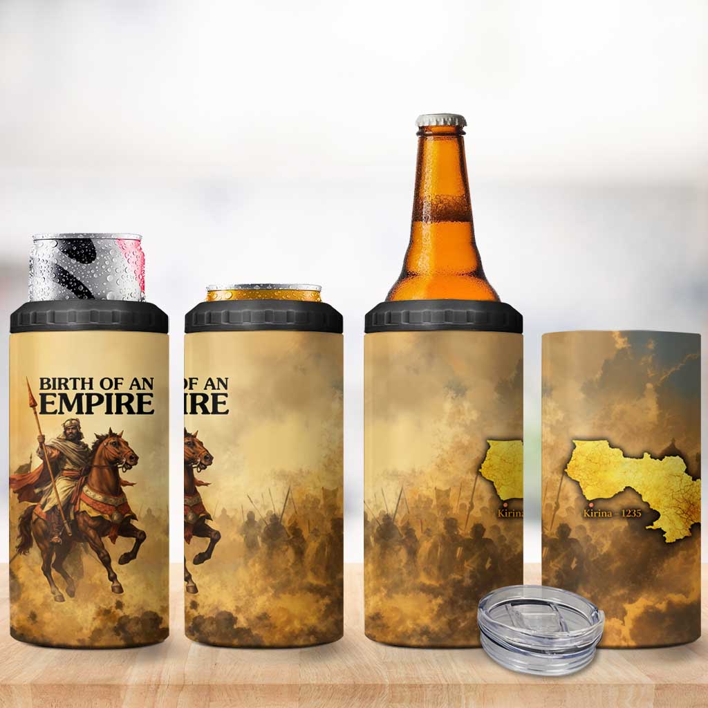 Sundiata Keita 4 in 1 Can Cooler Tumbler with Kirina 1235 Battle Map, Horseback Warrior and Birth of an Empire Design - Wonder Print Shop