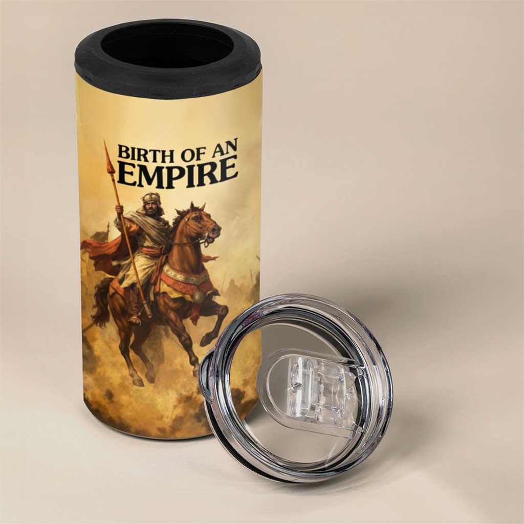 Sundiata Keita 4 in 1 Can Cooler Tumbler with Kirina 1235 Battle Map, Horseback Warrior and Birth of an Empire Design - Wonder Print Shop